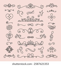 Vector set. Elegant decorative swirls and flourishes in black on a soft pink background. Ornamental swirls, decorative elements, and flourishes for design accents. Hand drawn ornament vector set.