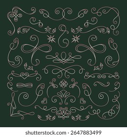 Vector set. Elegant decorative swirls and flourishes in a symmetrical pattern. Swirls and flourishes create a vintage, ornate design. Perfect for decorative projects. Hand drawn ornament vector set.