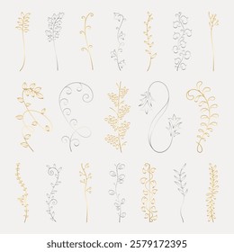 Vector set. Elegant floral designs with delicate leaves and swirls. Floral motifs in gold and silver. Perfect for floral-themed projects and floral decorations. Hand drawn ornament vector set.