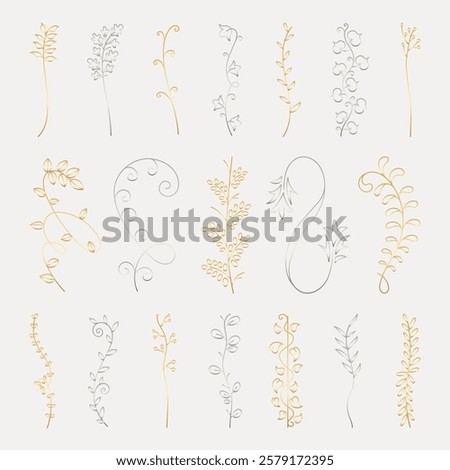 Vector set. Elegant floral designs with delicate leaves and swirls. Floral motifs in gold and silver. Perfect for floral-themed projects and floral decorations. Hand drawn ornament vector set.
