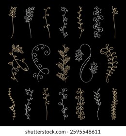 Vector set. Elegant floral doodles on black background. Delicate  designs, floral patterns, and floral elements in gold and white. Decorativel art. Hand drawn ornament vector set.