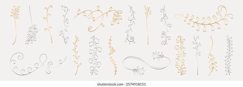 Vector set. Elegant floral line art with gold and silver swirls and leaves. Decorative floral designs, intricate line art, perfect for elegant decor and invitations. Hand drawn ornament vector set.