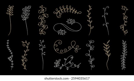 Vector set. Elegant floral line art with intricate floral designs. Gold and white floral patterns on black. Delicate floral motifs for decoration and design. Hand drawn ornament vector set.