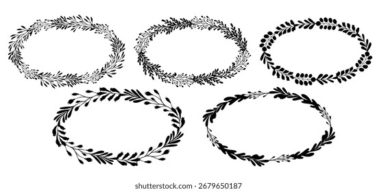 Vector set of elegant floral oval wreaths. Black silhouette minimalistic botanical style for modern design. Perfect for wedding invitations, greeting cards, branding, and decoration. 