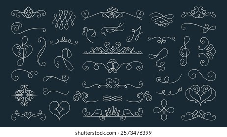 Vector set. Elegant flourishes and decorative swirls on a dark background. These flourishes and swirls add a touch of elegance and sophistication to any design. Hand drawn ornament vector set.