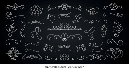 Vector set. Elegant flourishes and swirls in decorative design. Swirls and flourishes create ornate patterns. Perfect for decorative accents and embellishments. Hand drawn ornament vector set.