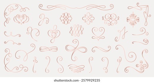 Vector set. Elegant flourishes and swirls in a delicate design. Swirls and flourishes create a sophisticated look. Perfect for adding a touch of elegance and style. Hand drawn ornament vector set.