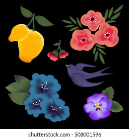 Vector Set of Elegant Flowers, Fruits and Swallow Isolated on Black Background. Design Elements for Banners, Posters, Greetings, Cards, Packaging and Others.