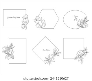 Vector set of elegant geometric frames decorated by magnolia flowers, hand drawn wedding card design, botanical borders, hand drawn line art floral illustration