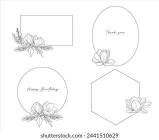 Vector set of elegant geometric frames decorated by magnolia flowers, hand drawn wedding card design, botanical borders, hand drawn line art floral illustration