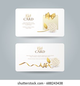 Vector set of elegant gift cards with hydrangea, paper shopping bag, golden bow and ribbon. Luxury template for gift vouchers, coupons and certificates with flowers. Isolated from the background.