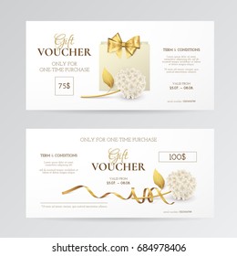 Vector set of elegant gift vouchers with hydrangea, paper shopping bag, golden bow and ribbon. Luxury template for gift cards, coupons and certificates with flowers. Isolated from the background.