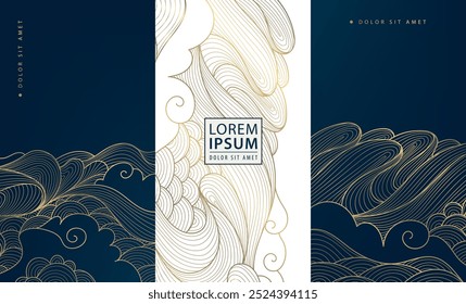 Conjunto vetorial de elegantes famas marinhas brilhantes, capas de ondas art déco de luxo, ilustrações modernas douradas brancas e azuis. Pacote de vinho bonito, cartazes do oceano