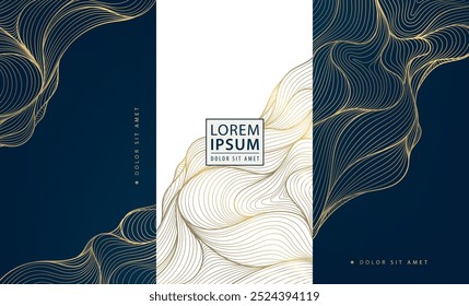 Conjunto de Vector de elegantes famas de mar de brillo, lujosas cubiertas de onda art deco, modernas ilustraciones doradas blancas y azules. Paquete de vino de lujo, carteles del océano