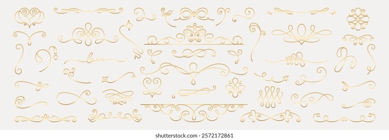 Vector set. Elegant gold decorative flourishes and swirls. Ornate swirls and flourishes in gold. Decorative gold elements with intricate swirls and flourishes. Hand drawn ornament vector set.