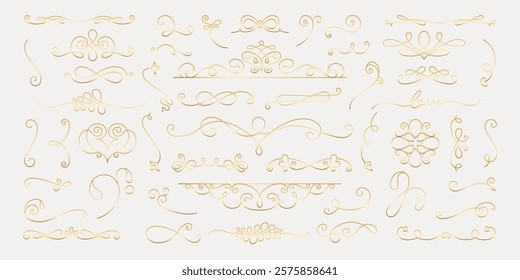 Vector set. Elegant gold decorative flourishes and swirls in various styles. Ornamental flourishes and swirls for design. Gold accents in decorative flourishes. Hand drawn ornament vector set.