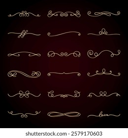 Vector set. Elegant gold decorative swirls and flourishes on a dark background. Perfect for invitations, borders, and design accents. Swirls and flourishes add charm. Hand drawn ornament vector set.