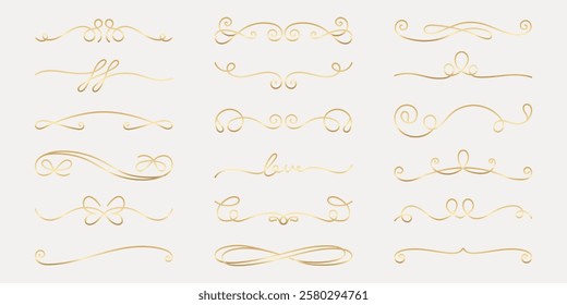 Vector set. Elegant gold decorative swirls and flourishes. Swirls and flourishes in gold for design. Use these gold flourishes for elegant decoration and style. Hand drawn ornament vector set.