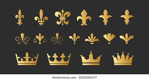 Conjunto vetorial de elegantes símbolos de flor-de-lis e coroa de ouro. Elementos decorativos para desenhos vintage, real e heráldico. Ornamentos clássicos para marcas premium