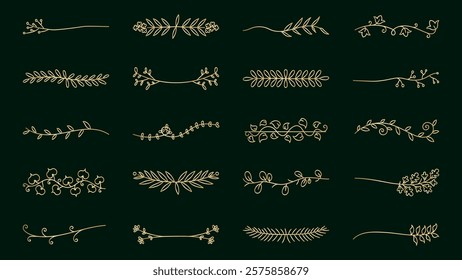 Vector set. Elegant gold floral dividers on a dark green background. Floral designs include leaves, vines, and flowers. Perfect for elegant, floral-themed projects. Hand drawn ornament vector set.