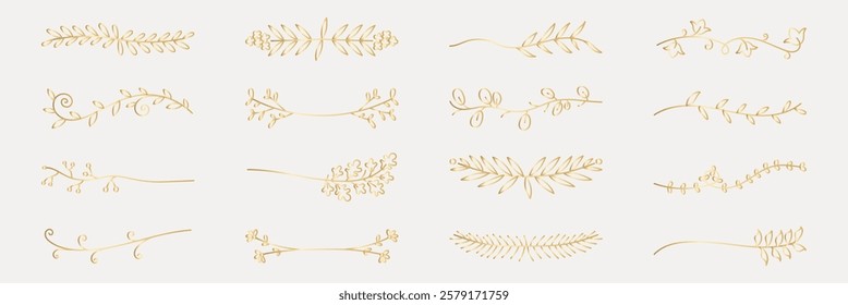 Vector set. Elegant gold floral dividers. Gold leaves and branches create delicate dividers. Perfect for invitations, gold-themed designs, and elegant decorations. Hand drawn ornament vector set.