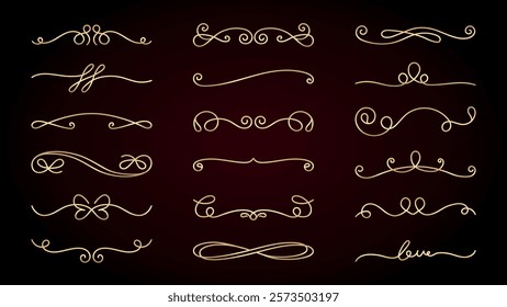 Vector set. Elegant gold flourishes and swirls on a dark background. Decorative flourishes, swirls, and ornate designs for invitations, cards, and elegant projects. Hand drawn ornament vector set.