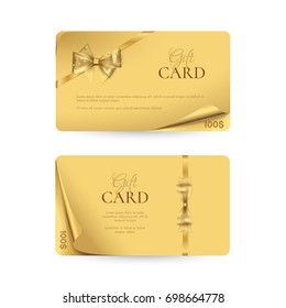 Vector set of elegant gold gift cards with curved corners, golden bows and ribbons. Luxury template for gift vouchers, coupons and certificates. Isolated from the background.