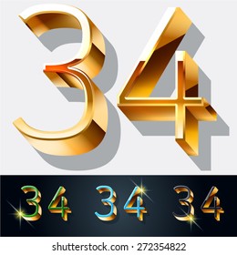 Vector set of elegant gold jewelry font. Numbers 3 4