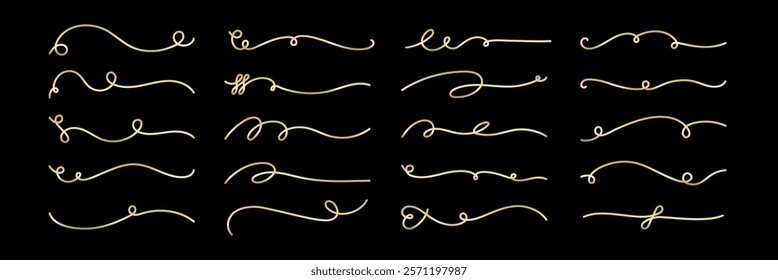 Vector set. Elegant gold line flourishes on black background. Decorative flourishes in various styles. Perfect for design, flourishes add elegance and style. Hand drawn ornament vector set.