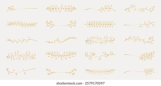 Vector set. Set of elegant, gold line dividers with botanical motifs. These gold dividers feature delicate leaves and floral designs, perfect for elegant projects. Hand drawn ornament vector set.