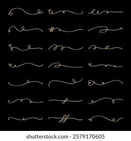 Vector set. Elegant gold line flourishes on black. Decorative flourishes for design. Curved, swirling flourishes for elegant, classic style. Perfect for invitations. Hand drawn ornament vector set.