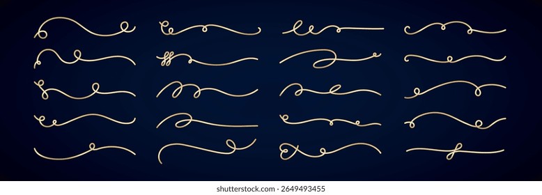 Vector set. Elegant gold line flourishes on a dark background. Decorative flourishes, gold accents, and swirling lines create a sophisticated design element. Hand drawn ornament vector set.