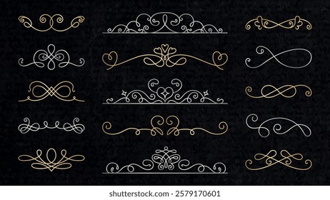 Vector set. Elegant gold and silver decorative flourishes on a dark background. Swirls and ornate designs. Perfect for invitations, borders, and decorative accents. Hand drawn ornament vector set.