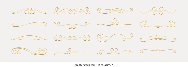 Vector set. Elegant gold swirls and flourishes. Decorative gold swirls for design. Use these gold flourishes for invitations. Gold swirls add elegance to any project. Hand drawn ornament vector set.