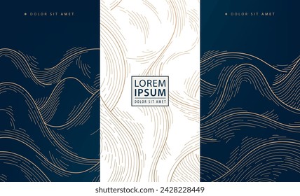 Vector set of elegant gold waves design, japanese style illustration. Use for perfume, wine, soap package. Sea, ocean labels