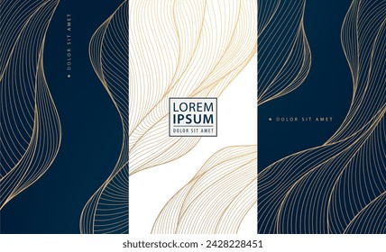 Vector set of elegant gold waves design, japanese style illustration. Use for perfume, wine, soap package. Sea, ocean labels