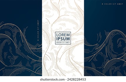 Vector set of elegant gold waves design, japanese style illustration. Use for perfume, wine, soap package. Sea, ocean labels