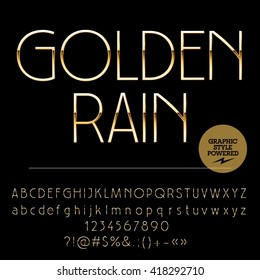 Vector Set Of Elegant Golden Alphabet Letters, Numbers And Punctuation Symbols. Art Deco Slim  Style