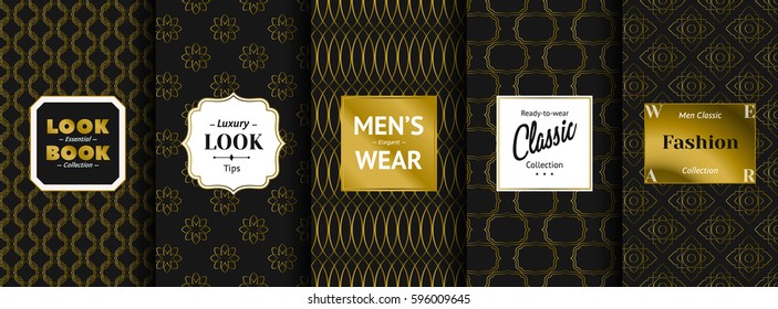 Vector set of elegant golden ornaments with labels "Look Book — Essential Collection", "Luxury Look Tips", "Men's Elegant Wear", "Ready-to-wear Classic Collection", "Men Classic Fashion Collection"