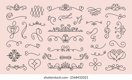 Vector set. Elegant line art flourishes and swirls on a light background. Decorative swirls and flourishes for design. Ornamental line art elements and flourishes. Hand drawn ornament vector set.