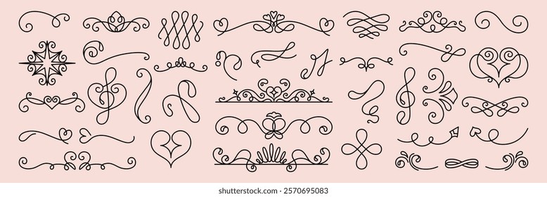 Vector set. Elegant line art flourishes and swirls, decorative elements for design. Swirls and flourishes in various styles, perfect for adding decorative touches. Hand drawn ornament vector set.