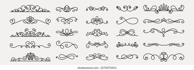 Vector set. Elegant line art dividers, ornamental dividers with floral motifs. Decorative dividers, perfect for invitations, elegant designs, and ornamental projects. Hand drawn ornament vector set.