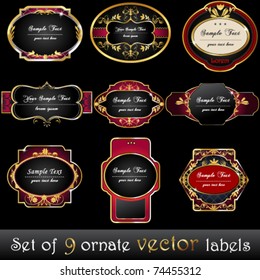 Vector set of elegant, red, dark, gold-framed labels