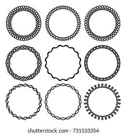 Vector set of elegant round thin and narrow linear frame with twisted elements and intertwining lines. For decoration and design of invitations, cards, banners