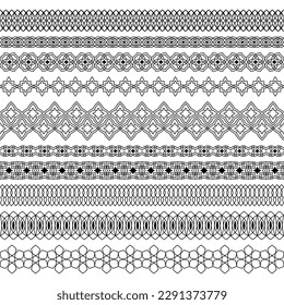 Vector set of elegant seamless brushes with oriental ornaments. For frames, boarders, braid, edging in the lush eastern style. Traditional patterns for design of greeting card, invitation, certificate