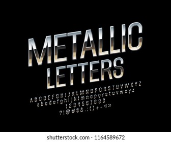 Vector set of Elegant Silver Alphabet Letters, Numbers and Punctuation Symbols. Vector Rotated Steel Font.
