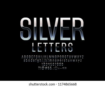 Vector Set of Elegant Silver Alphabet Letters, Numbers and Punctuation Symbols. Metallic Font