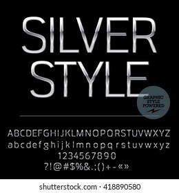 Vector set of elegant silver alphabet letters, numbers and punctuation symbols. Compact normal style