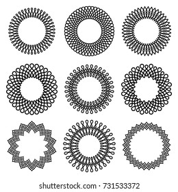 Vector set of elegant and simple round narrow wide thick and thin linear frame with twisted elements and intertwining lines. For decoration and design of invitations, cards, banners