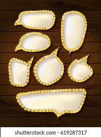 Vector set of elegant sparkling black and gold web buttons. bubble cinema set. Vector illustration on wooden background
